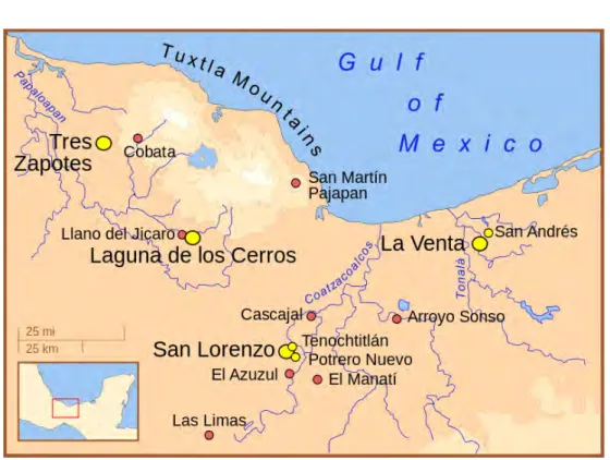 Figure 15 : Aire géographique et principaux sites Olmèques Source : http://fr.wikipedia.org/wiki/El_Manat%C3%AD 