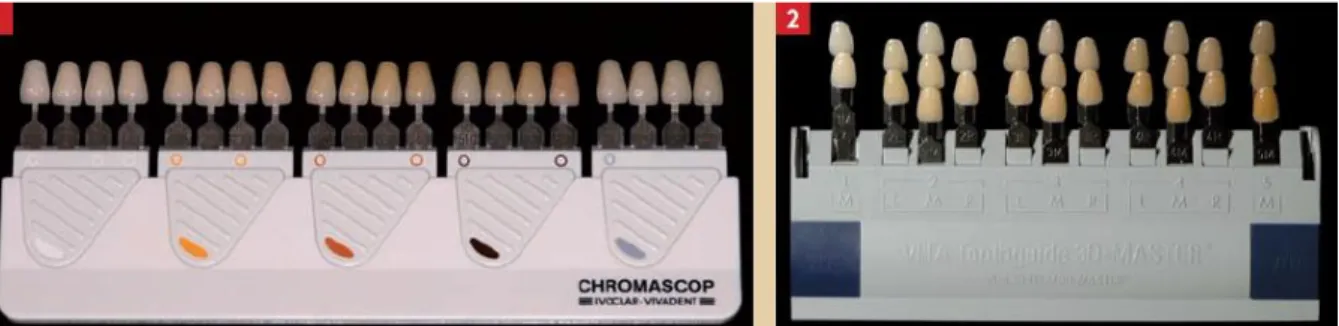 Figure 14 : Deux exemples de teintiers : à gauche Chromascop® organisé par groupes de teintes, à  droite Vitapan-3D-Master® organisé par groupes de luminosités