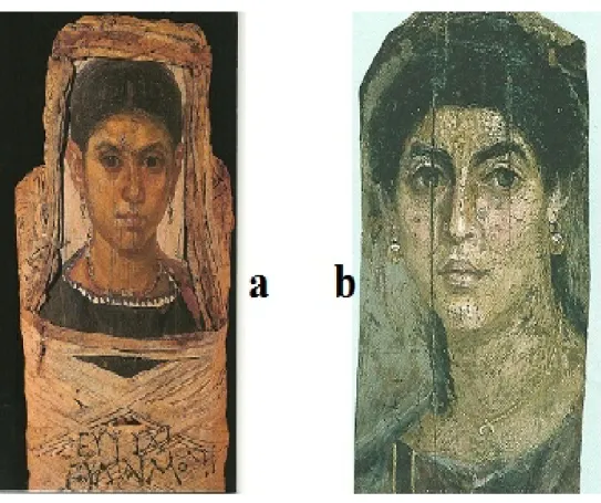 Figure 14 : portraits de femmes du Fayoum peints sur bois.  Le portrait a étant encore maintenu à sa momie 