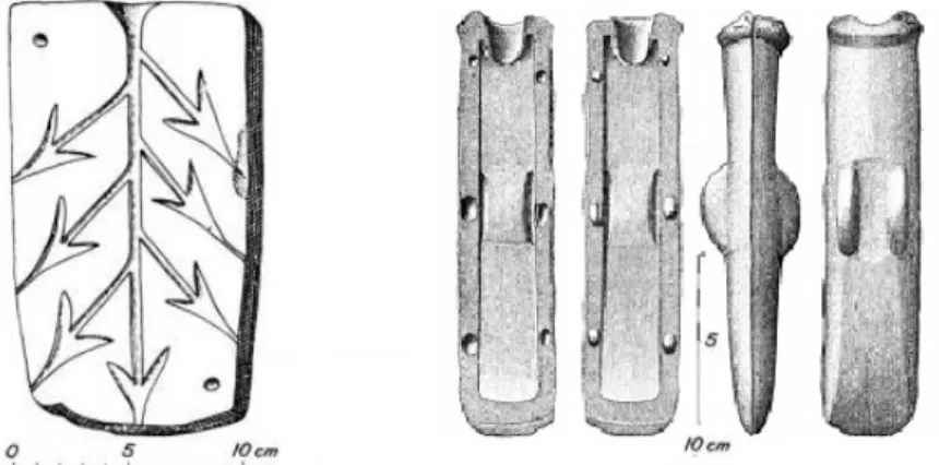 Figure 16 : schémas de moules en bronze pour pointes de flèches et hache datants de  l'âge de bronze