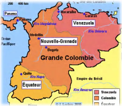 Figure	1	:	Les	territoires	compris	dans	la	Gran	Colombia	(J.Leclerc,	2010)	 	