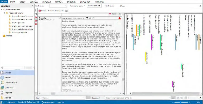 Figure 11. Exemple de témoignage codé. Sur la droite sont présentés certains thèmes en regard  des passages relevés