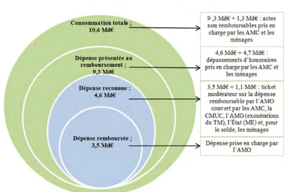 Figure 1 : Décomposition de la dépense dentaire et de ses sources de financement en 2014  Source : Cour des comptes d’après les données de la DREES 