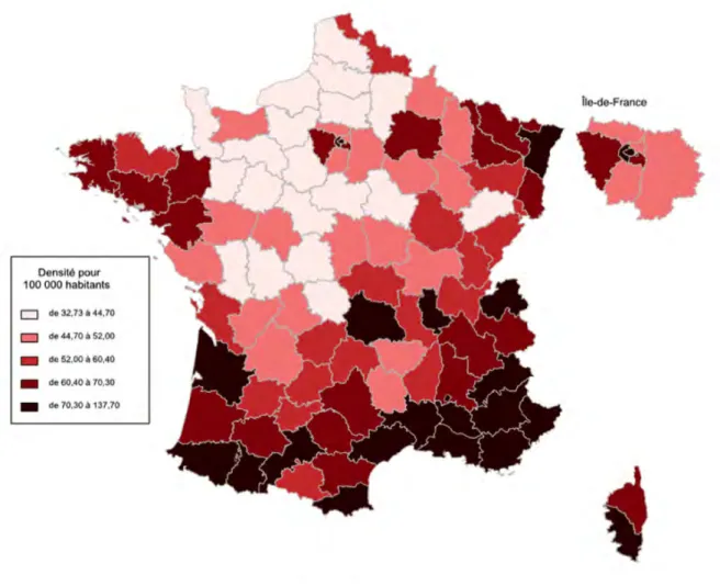 Figure 2 : Densité des chirurgiens-dentistes pour 100 000 habitants, en 2014, en France  métropolitaine