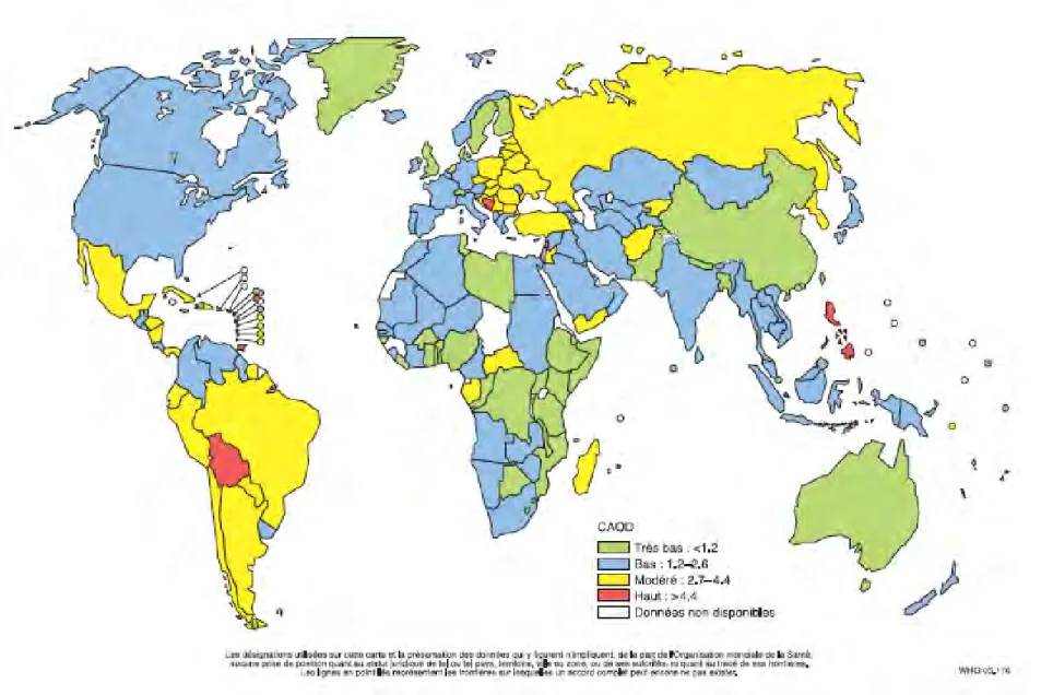 Figure 5 : indice CAOD moyen dans le monde chez les enfants de 12 ans (10).