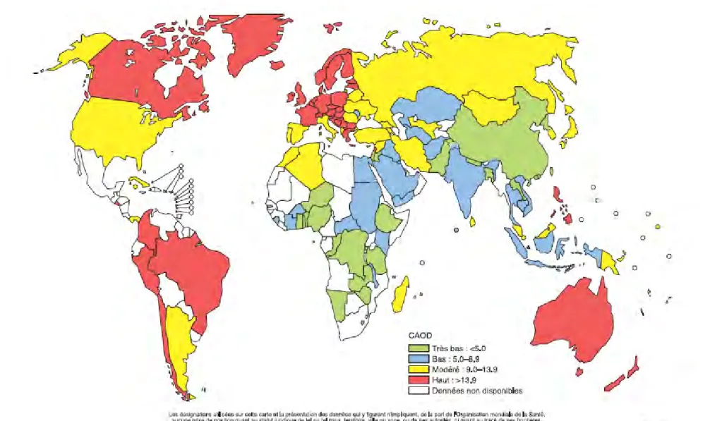 Figure 6 : indice CAOD moyen dans le monde chez les adultes de 35- 44 ans (10).
