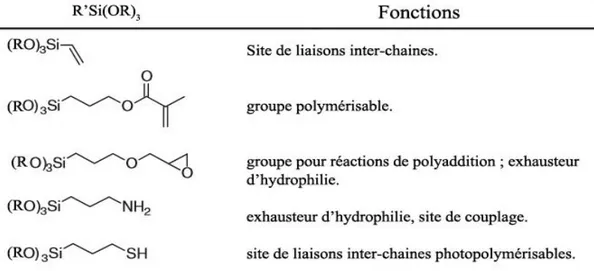Figure 22 : Exemples de trialkoxysilanes organo-fonctionnels employés dans la préparation de matériaux hybrides 