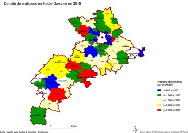 Figure 9: Densité des praticiens en Haute-Garonne en 2015 (22) 