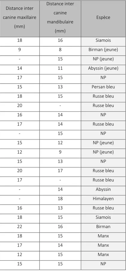 Tableau 6: Mesures distances inter canine chez le chat domestique (43) NP : Non Précisé 