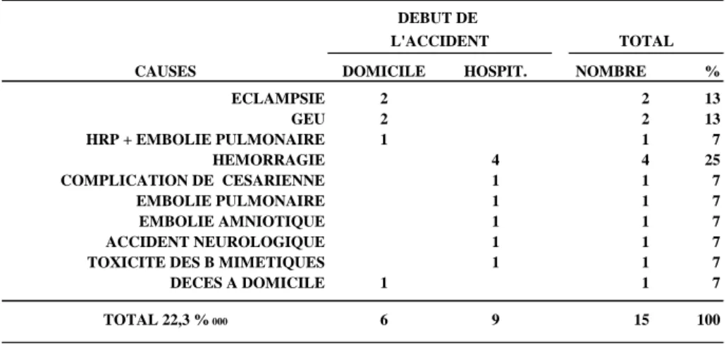Tableau 8 : Décès maternels en Seine-Saint-Denis par cause et lieu  de début de l'accident 