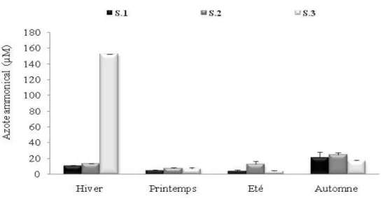 Figure 13 : Variation spatiotemporelle de la concentration de l'azote ammoniacal de l'eau (µM) 