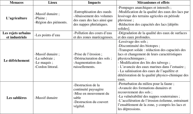 Tableau  5.  Les  principales  menaces  et  impacts  sur  le  patrimoine  naturel  du  complexe  de  Guerbès-Senhadja 