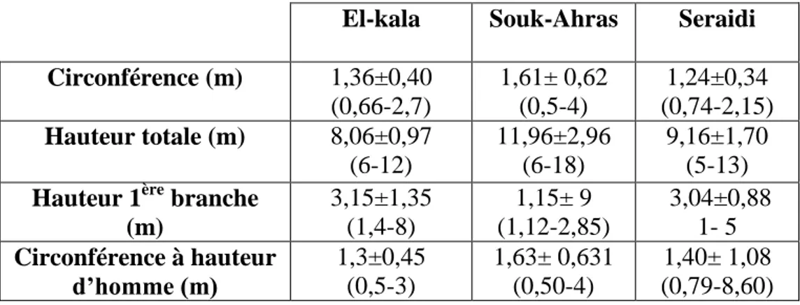 Tableau 22: Relevés dendrométriques des arbres échantillons des subéraies d’El-Kala,  