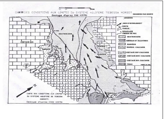Fig. 6 - Carte des conditions aux limites du système aquifère Tébessa – Morsott  (C.G.G., 1975) 