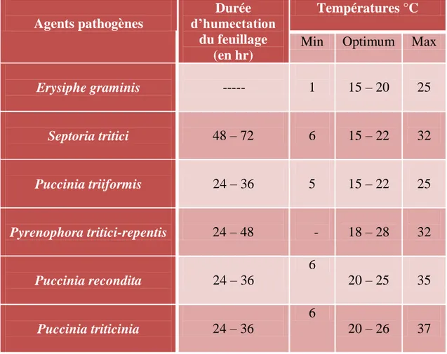 Tableau 3: Conditions favorisant le développement des maladies foliaires du blé (Boulif, 2012) 