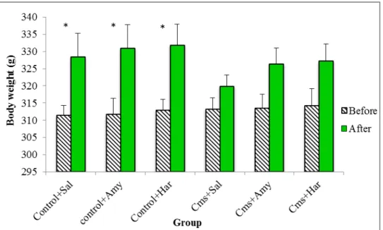 Figure 11.  Effects of CMS procedure on body weight of rats repeatedly treated with Harmine  (Har; 15 mg/kg i.p.) and Amitriptyline (Amy; 20 mg/kg i.p.) on body weight gain in rats