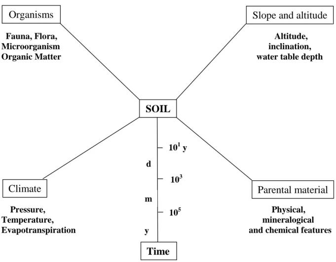 Fig. 2: Les cinq facteurs de formation des sols ,  (Hubert, 2008). 