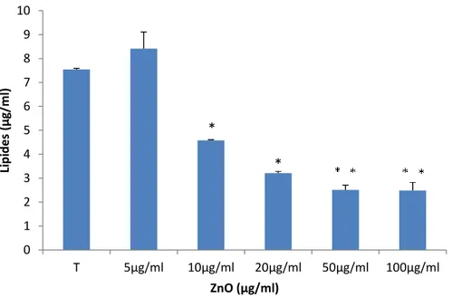 Figure 11: Concentration en lipides (µg/ml) des levures témoins et traitées au ZnO (m±s ;  n=3)  * : Significative (P ≤ 0.05)