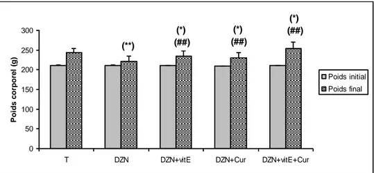 Fig. 21 : Variation du poids corporel final en (g) des rats témoins  et les rats traités après  03 semaines de traitement