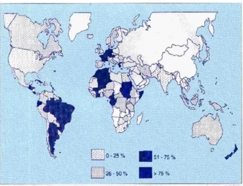 Figure N°3: Répartition mondiale de la prévalence de la toxoplasmose[23]. 