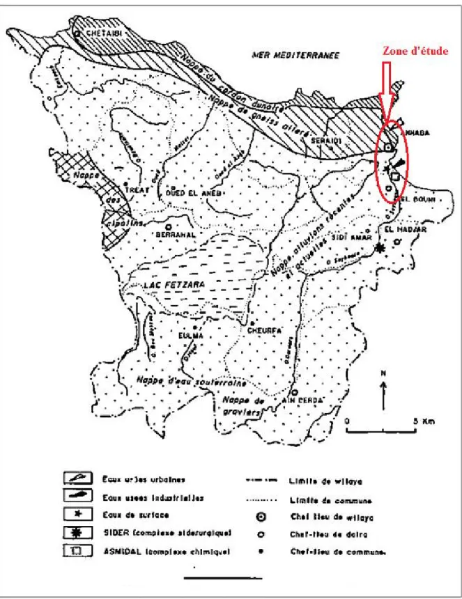 Figure 3 : Limites des nappes d'eau et répartition des points d'échantillonnage dans la région  d’Annaba (Source : APW d’Annaba, 2001)