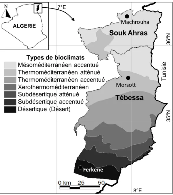 Figure 6. Localisation géographique et carte des types de bioclimats de la zone d'étude