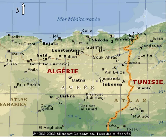 Figure 15 :  Origine géographique des échantillons du Nord-est algérien (Amoura, 2004)                            1 1 2 33 4 6 5 7 8 9  10 11 12 13 14     15 16 17 18 ech