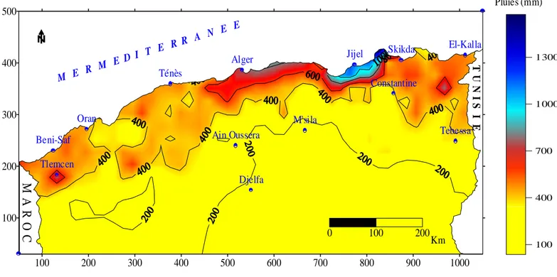 Figure 11 : Répartition des pluies annuelles sur  le nord de l’Algérie (ONM., 2009). 