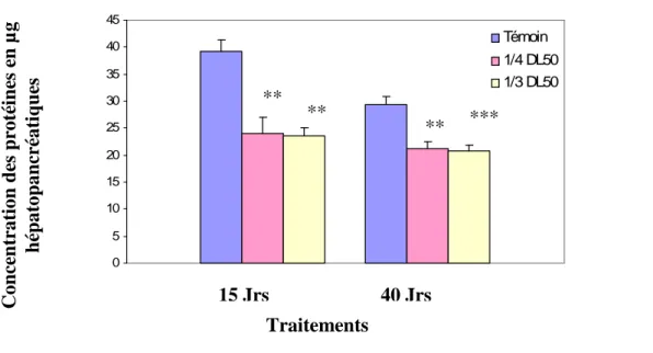 Tableau  4 :  Concentration  des  protéines  en  µg  hépatopancréatiques  chez  Gambusia  affinis  traité par le carbofuran aux doses de 7.66 et 5.75 mg/l (1/3 et 1/4 DL 50 )