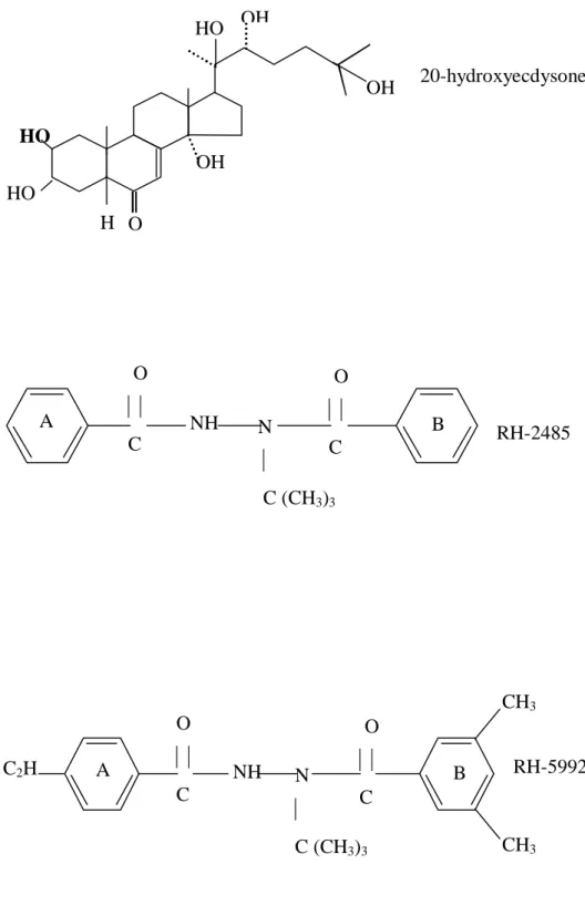 Figure 5 : Formules de structure de l’hormone de mue et deux agonistes des ecdystéroïdes