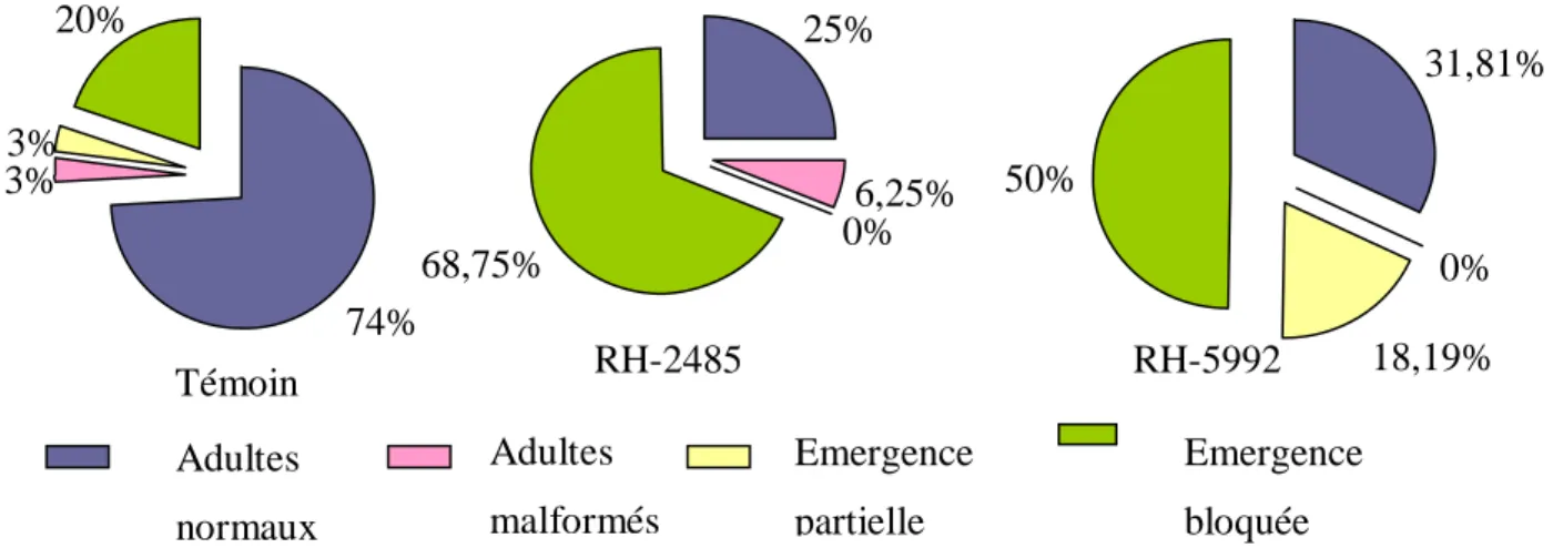 Figure 9.  Répartition (%) des différents types  morphogénétiques observés après traitement  des mâles et des femelles  par le méthoxyfénozide (RH-2485) et le tébufénozide (RH-5992)  chez E