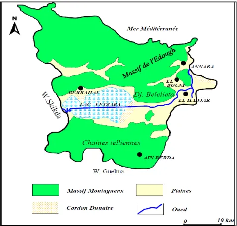 Figure N° 03: Carte  Géomorphologique de la plaine de Annaba (in BOUDJEMAA, 2010)  2-1-2-1   Les montagnes  