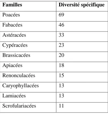 Tableau 2. Richesse spécifique des dix familles les mieux représentées au PNEK 