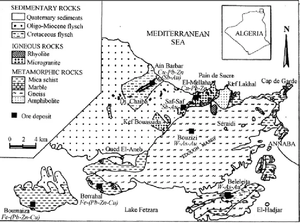Fig. 2 : Carte géologique du massif de l’Edough (Laouar et al. 2002). 