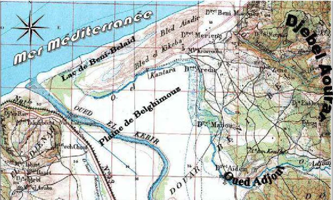 Figure 3. Carte topographique  de la zone d'étude montrant son hydrographie et la divagation de  l'Oued El-Kébir, 1958 INC, (échelle: 1/50000)