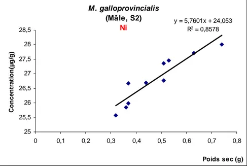 Fig. 43: Corrélation entre la concentration du Ni (µg/g) et le poids sec (g) chez les mâles de   
