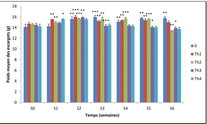 Figure  11 :  Effets  du  thiaméthoxam  sur  le  poids  frais  moyen  des  adultes  de  l’escargot 