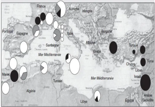 Figure 4 : La localisation actuelle des populations d’oléastres (olivier sauvage).Les ovales,  selon leur taille, indiquent le nombre d’individus par peuplement (Breton et al., 2006)
