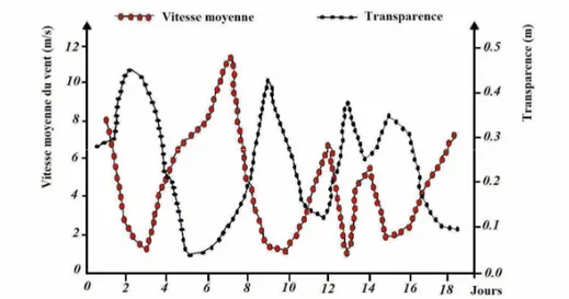 Figure 5: Evolutions de la vitesse moyenne du vent et de la transparence de l’eau dans la lagune de l’Ichkeul « Tunisie » du 14 au 32/03/92