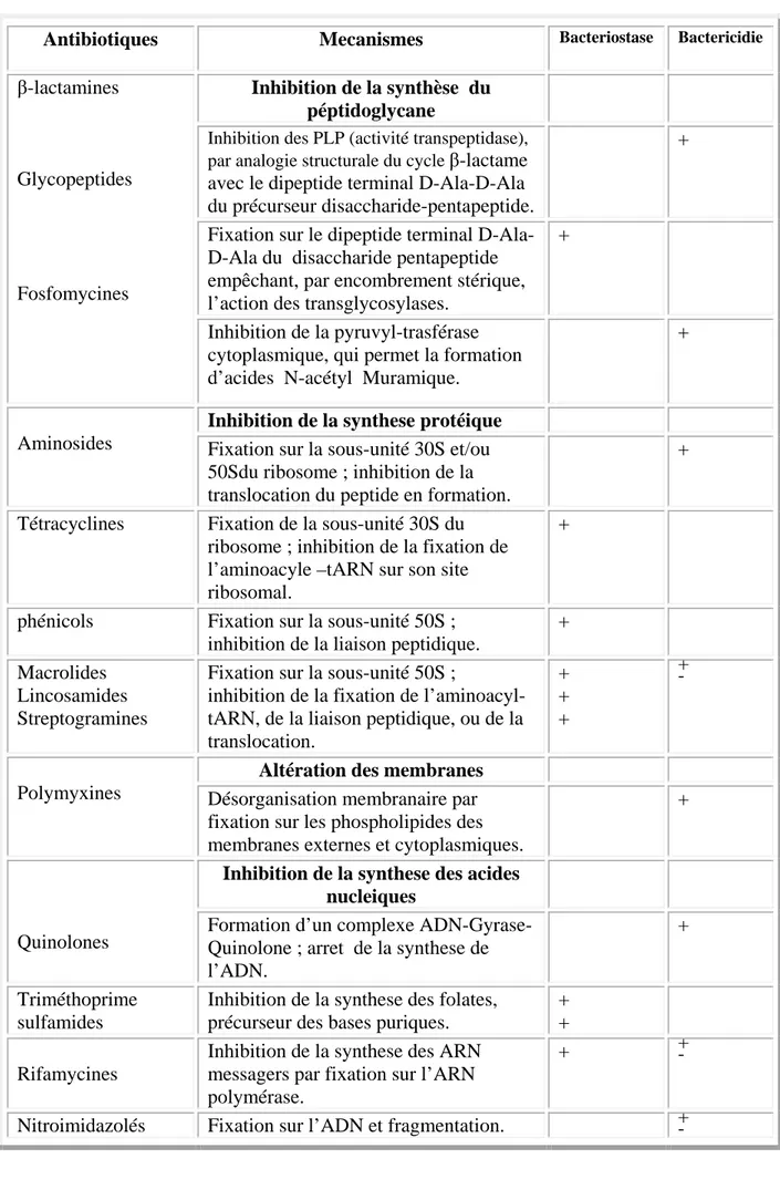 Tableau 11  : Résumé des mécanismes d’action des antibiotiques [80] 