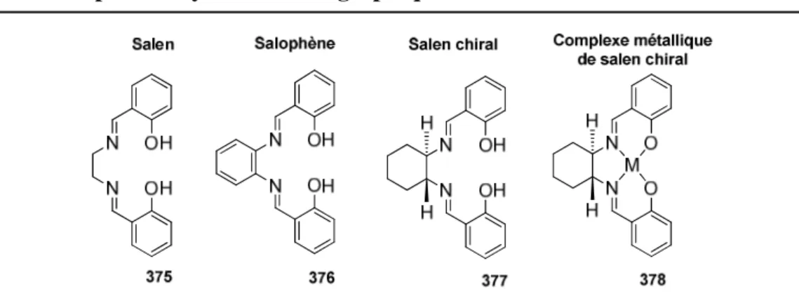 Figure 41: Exemples de différents ligands 375-377 et complexes métalliques de type Salen 378 [167]