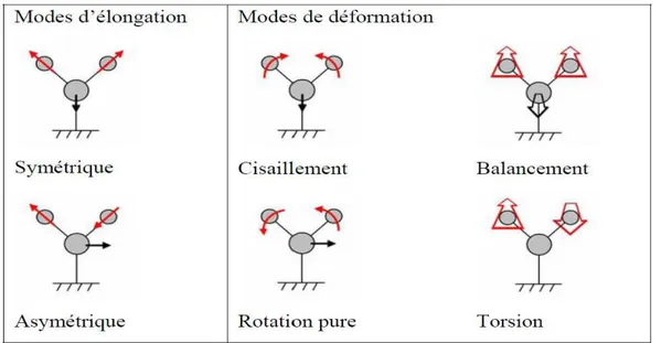 Figure I. 3:Mouvements associés aux modes normaux de vibration d’une molécule contenant  3 atomes.