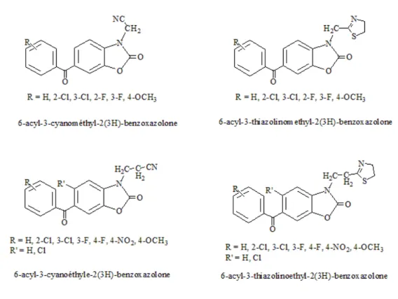 Fig. 1.7 – D´ eriv´ es 6-acyl-2-benzoxazolinone ` a activit´ e antimicrobienne