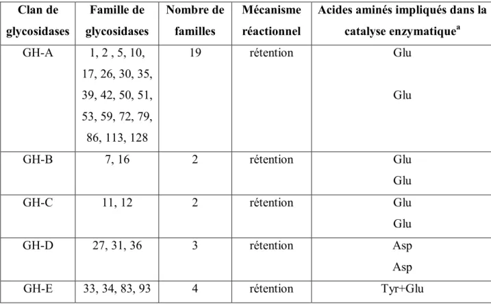 Tableau  1 :  Mécanismes  réactionnels  et  acides  aminés  impliqués  dans  la  catalyse  enzymatique des familles des glycosidases classées en clans 21 