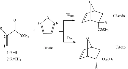 Fig. B-2.1: Réaction de Diels-Alder entre l'acrylate de méthyle 1 et méhtacrylate de méthyle 2 