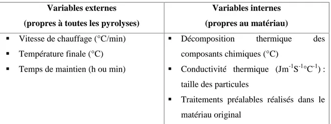 Tableau 5: Facteurs influençant le processus de pyrolyse Variables externes