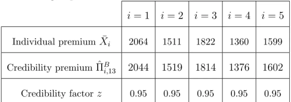 Table 1.5 - Results with the Bühlmann model