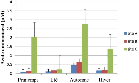 Figure  9.  Variations spatiotemporelles de la concentration de l’azote ammoniacal (µM) dans 