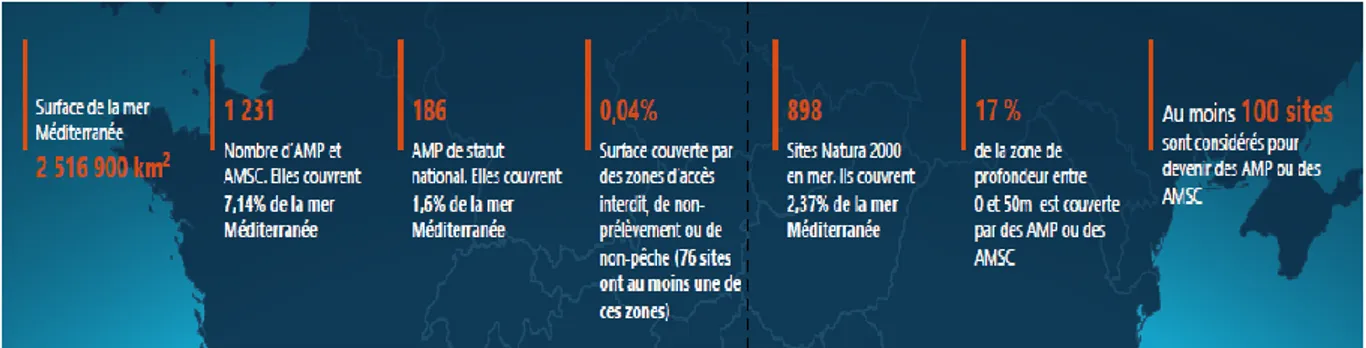 Figure  2:  Représentation  du  nombre  d‟AMP  et  d‟AMSC,  de  leurs  statuts  et  de  leurs  couverture  en  méditerranée  en  2016  (Recensement  du  MedPAN  et  du  CAR/ASP)  (source: 