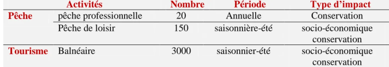 Tableau 1: Représentation des principales activités pratiquées dans le site Cap de Garde et  leurs impacts (modifié du PNUE, 2005).